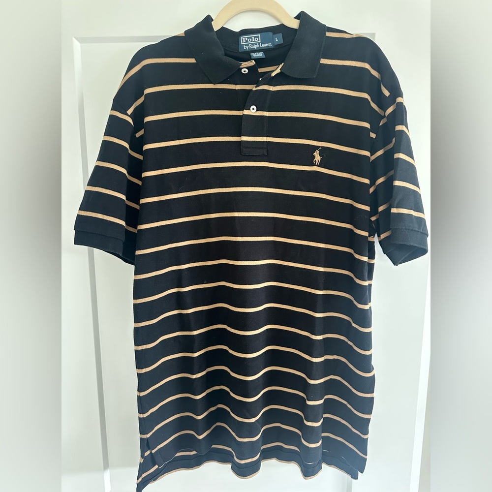 Polo by Ralph Lauren Men's Black and Tan Striped Polo Shirt